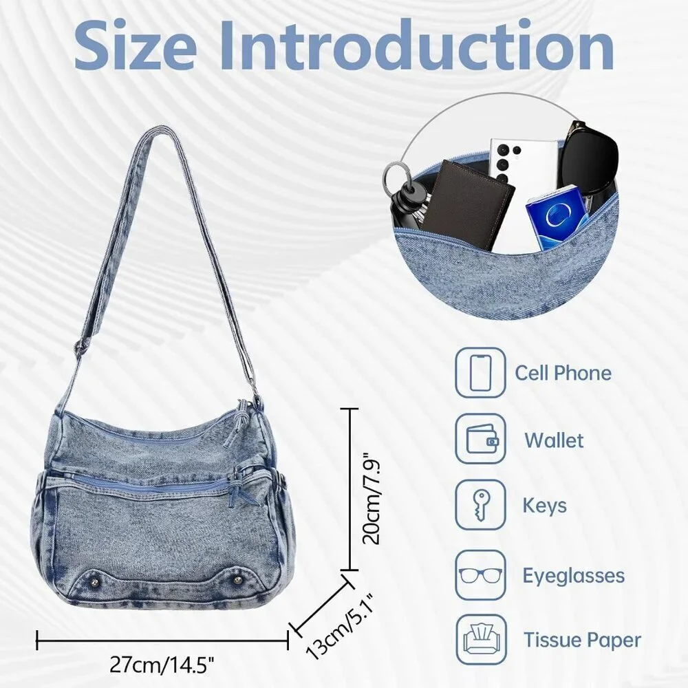 Women's Denim Tote Bag Casual Hobo Purse Adjustable Crossbody Spacious